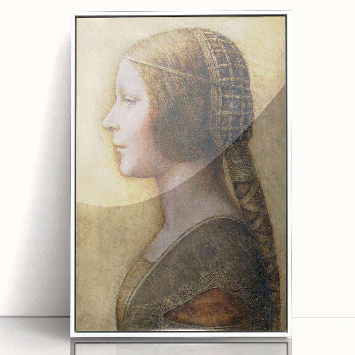 Large art print of Leonardo da Vinci design in a white framed acrylic, featuring mid-century modernist style.