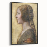Black and white framed canvas featuring a vintage poster art style Leonardo da Vinci landscape, ideal for bedroom decor.