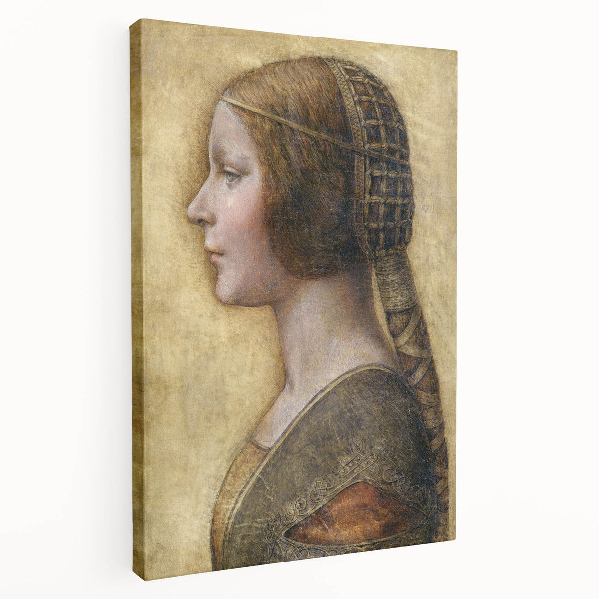 Side view of a stretched canvas featuring a detailed Leonardo da Vinci design, ideal for kitchen wall art.