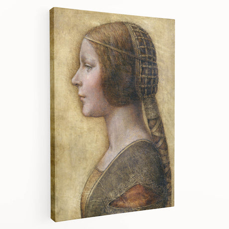 Side view of a stretched canvas featuring a detailed Leonardo da Vinci design, ideal for kitchen wall art.