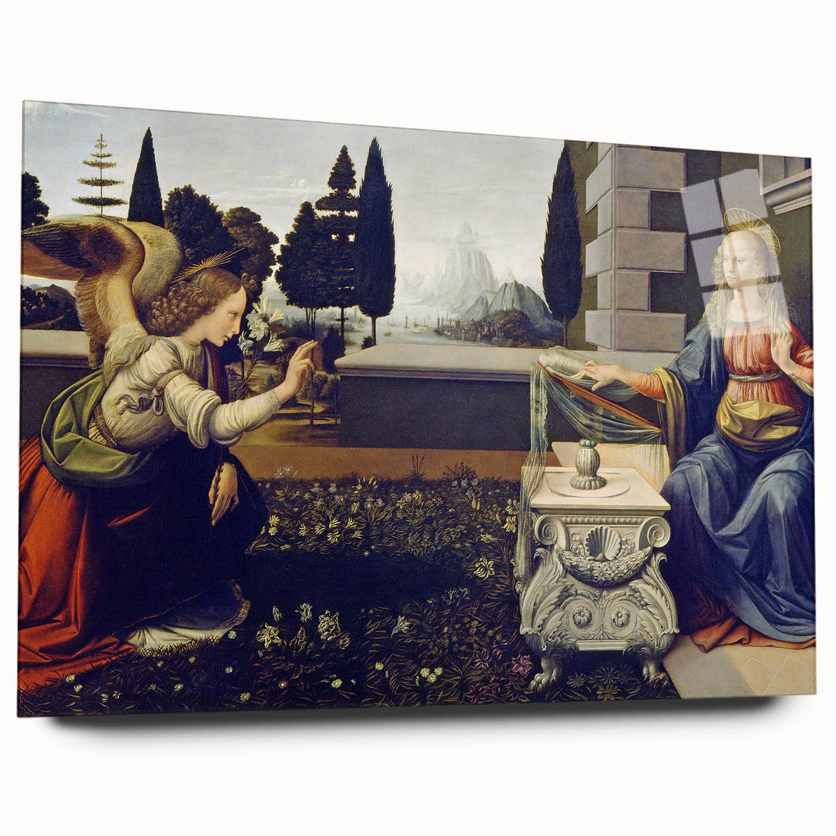 Large abstract wall art of Leonardo da Vinci-inspired design on acrylic glass, featuring muted earth tones.