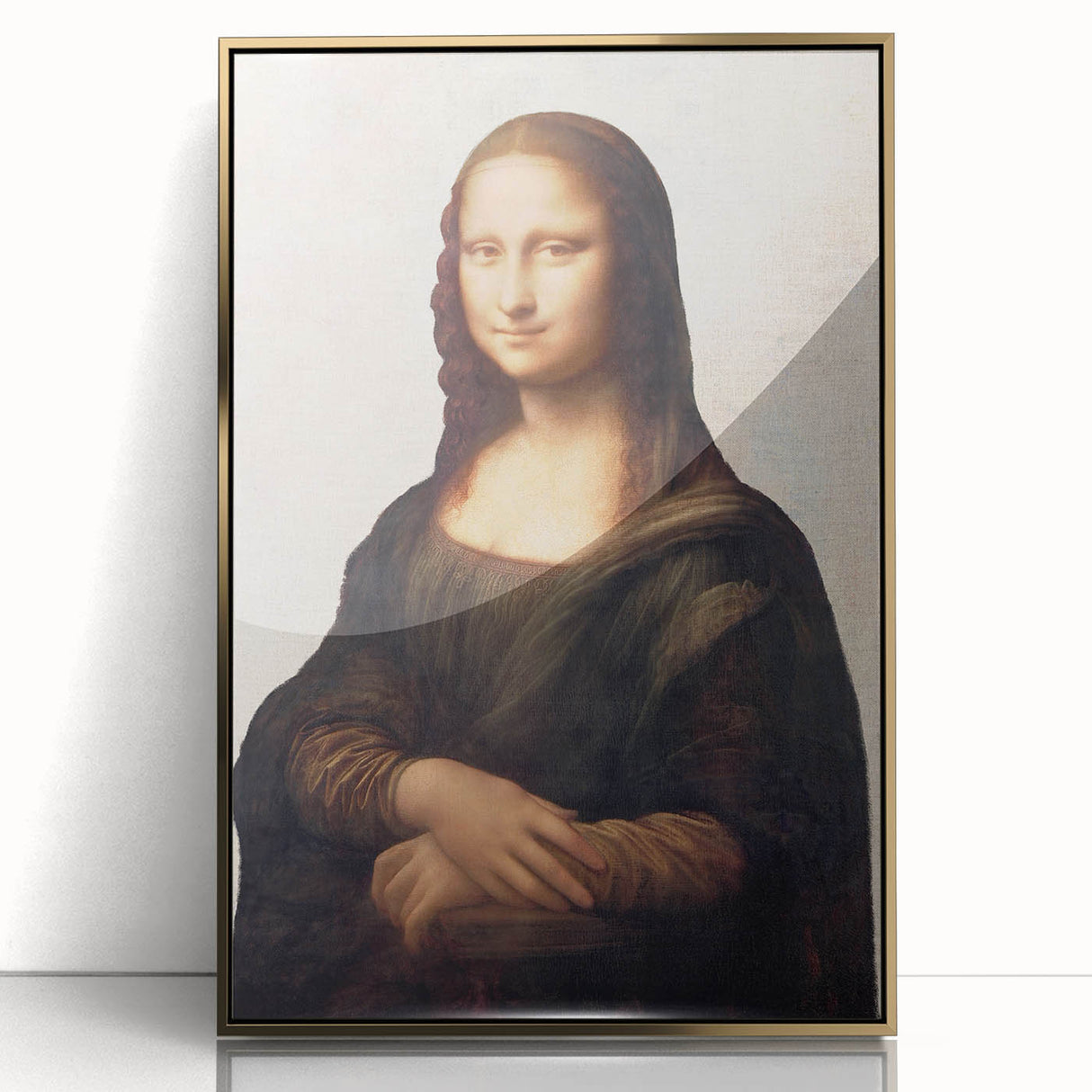 Mid-century modernist art of Leonardo da Vinci in a gold framed acrylic, with muted earth tones, ideal for nursery wall art.
