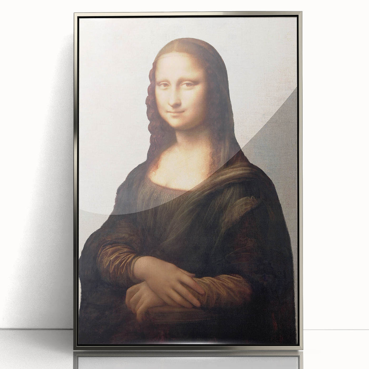 Art deco poster of Leonardo da Vinci in muted silver and gray tones on framed acrylic, ideal for modern art wall decor.