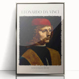 Art deco poster of Leonardo da Vinci in silver frame, featuring soft sepia tones, ideal for modern art wall decor.