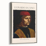 Vintage poster art of Leonardo da Vinci on a silver-framed canvas, featuring a monochrome palette.