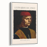 Vintage poster art of a Leonardo da Vinci landscape on a framed canvas, in muted earth tones, ideal for bedroom wall decor.