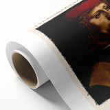 Art deco poster of Leonardo da Vinci, vibrant earth tones on rolled canvas, ideal for nursery wall art.