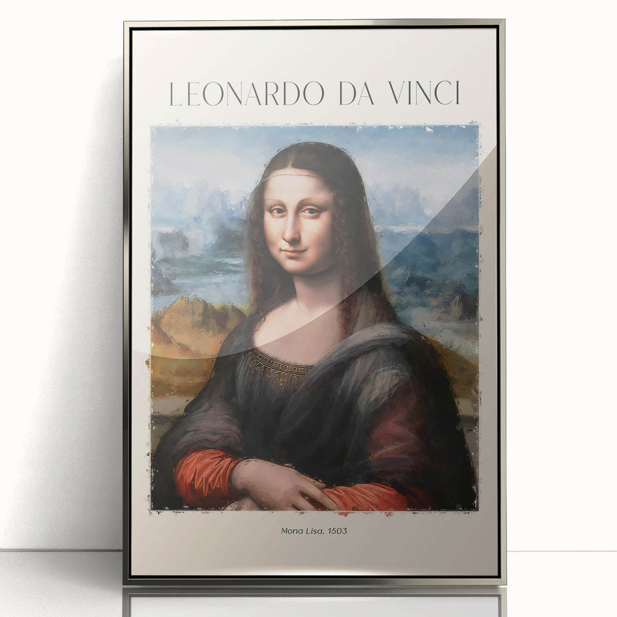 Art deco poster of Leonardo da Vinci in muted earth tones, framed acrylic, ideal for modern art wall decor.