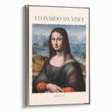 Vintage poster art of Leonardo da Vinci on a framed canvas, featuring a black and colorful palette.