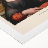 Art deco poster featuring a monochrome Leonardo da Vinci sketch on rolled canvas.