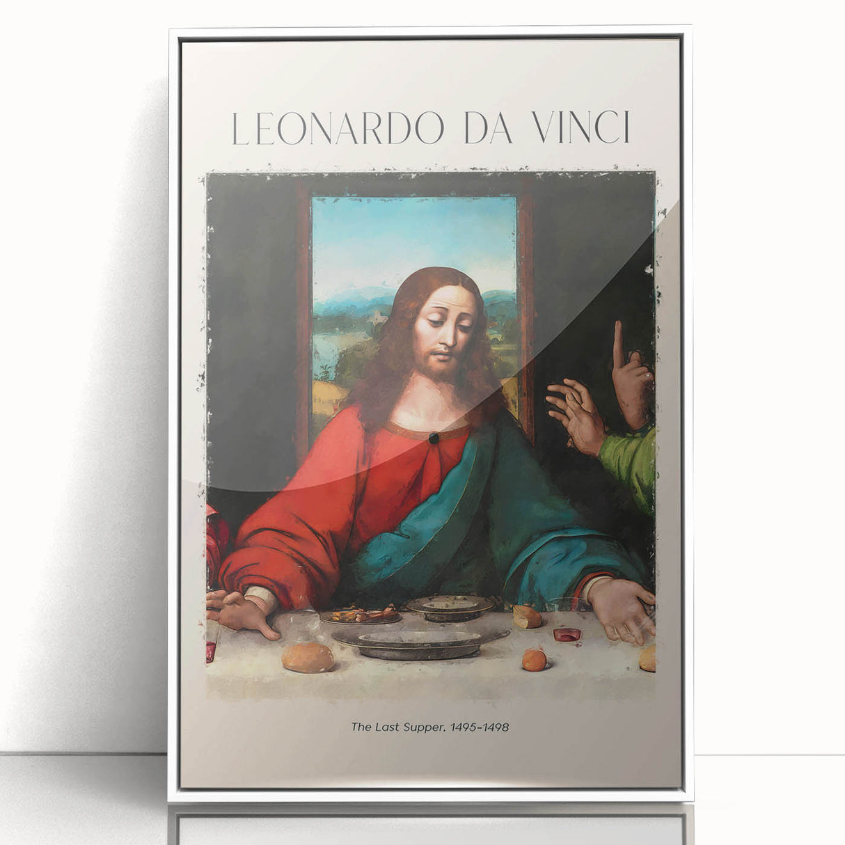 Large art print of a Leonardo da Vinci sketch in muted brown tones, framed in white acrylic.