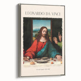 Framed canvas of a vintage poster art depicting Leonardo da Vinci, featuring a black background with colorful accents.