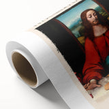 Art deco poster of Leonardo da Vinci on rolled canvas, featuring muted earth tones, ideal for nursery wall art.