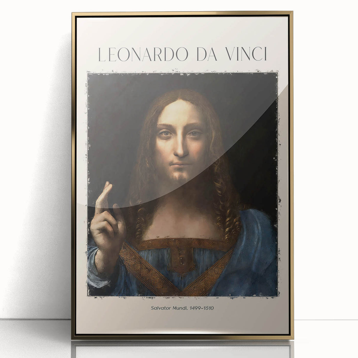 Mid-century modernist art depicting Leonardo da Vinci in muted gold tones on framed acrylic, suitable for nursery wall decor.