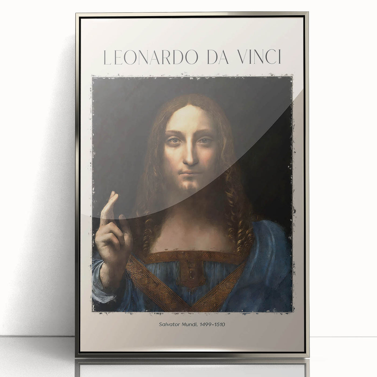 Art deco poster of Leonardo da Vinci in silver frame, featuring muted monochrome tones.