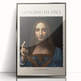 Art deco poster of Leonardo da Vinci in silver frame, featuring muted monochrome tones.
