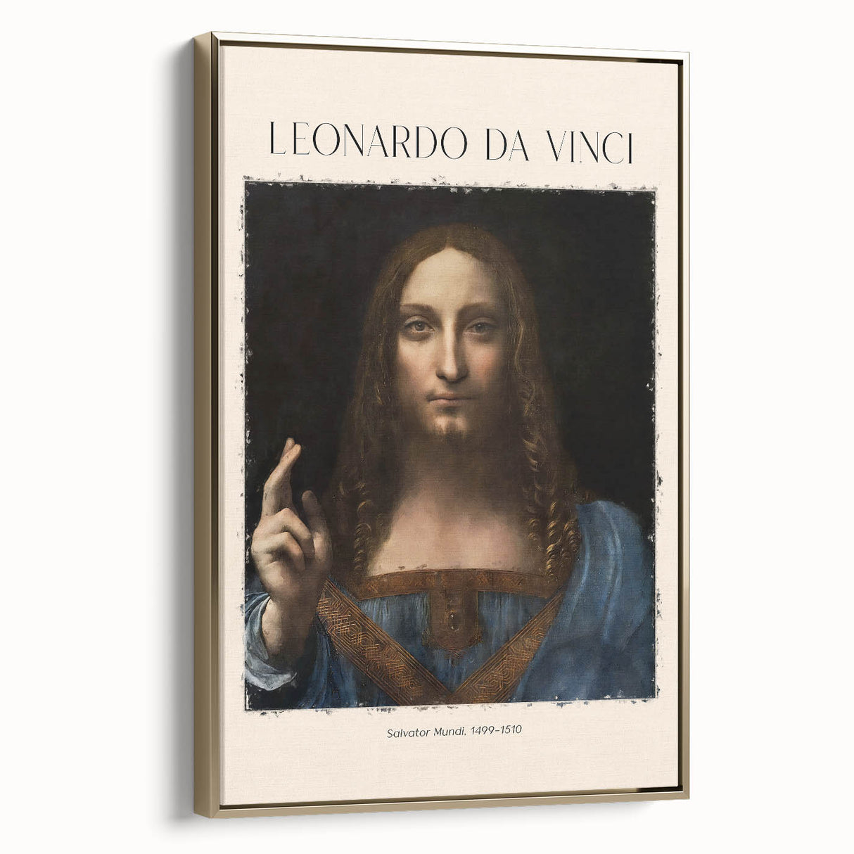 Framed canvas of a Leonardo da Vinci landscape painting in muted earth tones.
