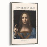 Vintage poster art of Leonardo da Vinci design in a silver frame, featuring muted earth tones, ideal for living room decor.