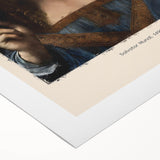 Art deco poster of Leonardo da Vinci on rolled canvas, featuring muted earth tones, suitable for dining room wall art.