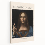 Side view of a stretched canvas featuring a detailed Leonardo da Vinci design in muted earth tones.