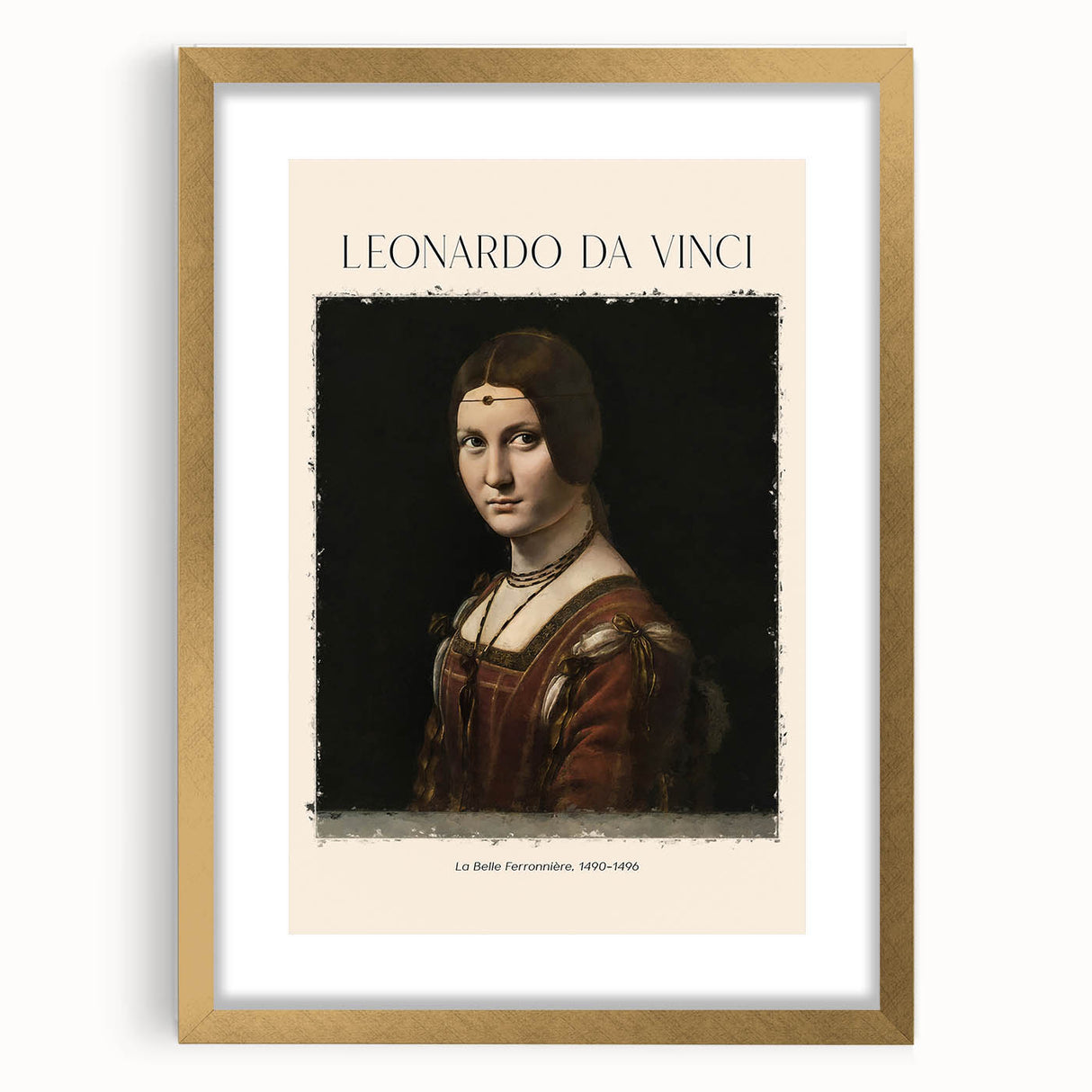 Textured abstract art print of a Leonardo da Vinci design in a gold frame, suitable for bedroom decor.