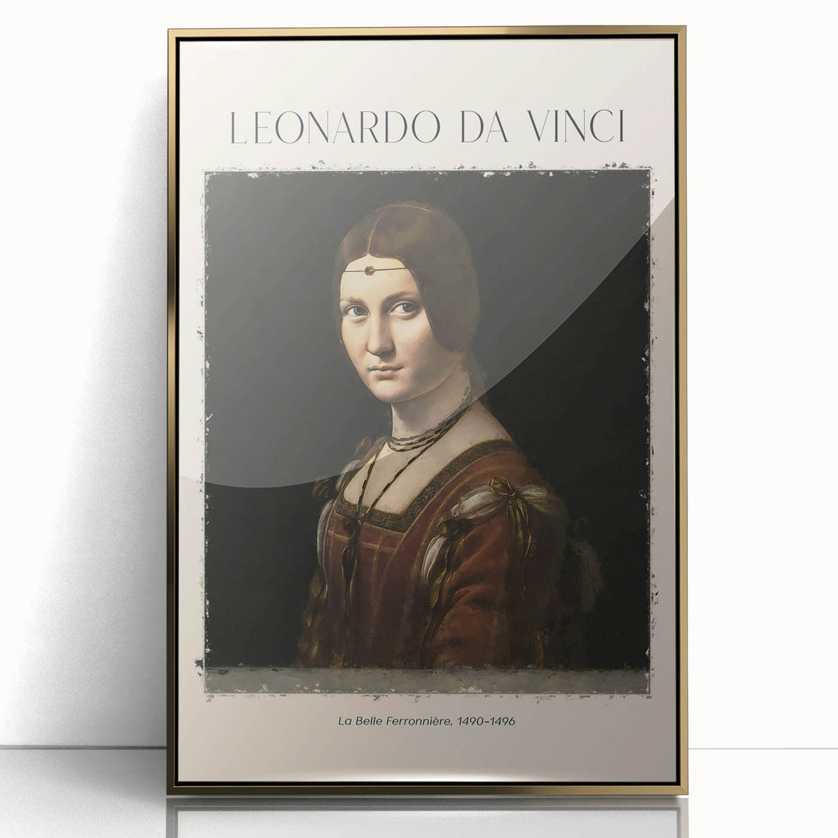 Mid-century modernist art featuring a Leonardo da Vinci design on a gold-framed acrylic, using muted earth tones.