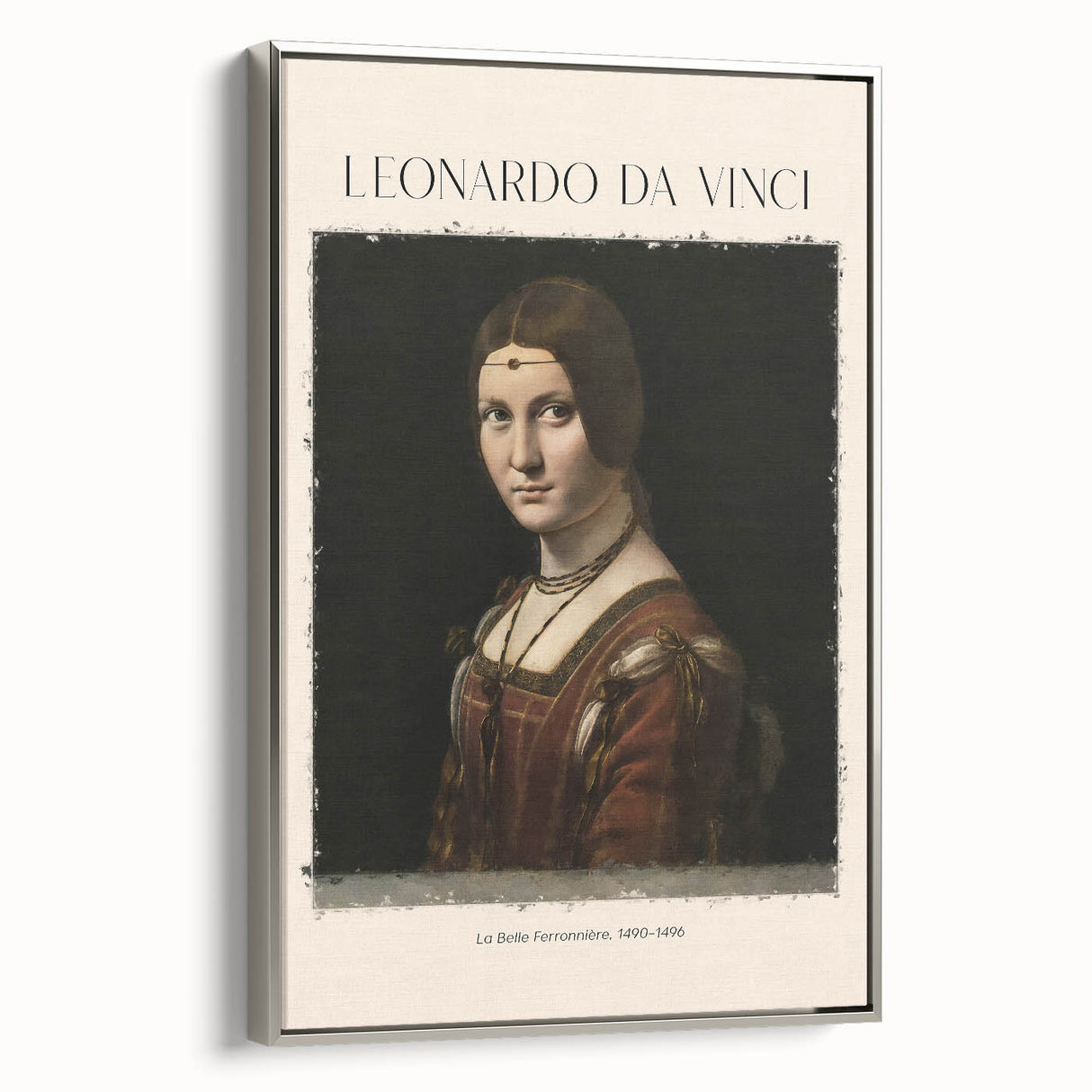 Vintage poster art of Leonardo da Vinci on framed canvas, featuring a black and colorful palette.