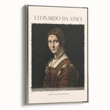 Vintage poster art of Leonardo da Vinci on framed canvas, featuring a black and colorful palette.