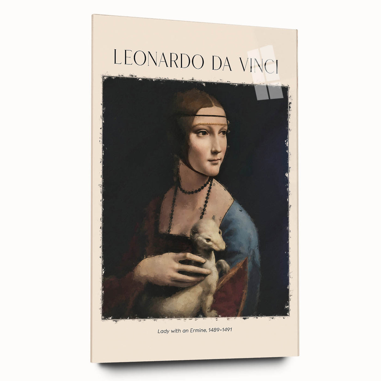 Acrylic print of a large abstract depiction of Leonardo da Vinci's artwork in blue and gray tones.