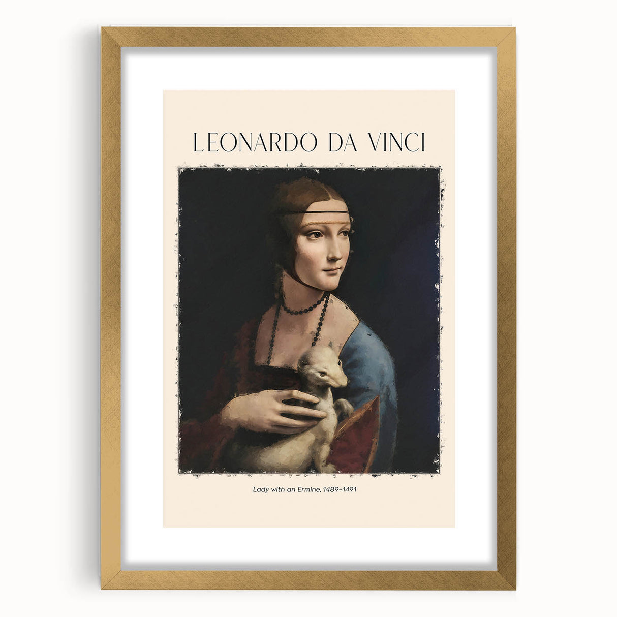 Textured art print of an abstract rendition of Leonardo da Vinci's work in muted earth tones, framed in gold.