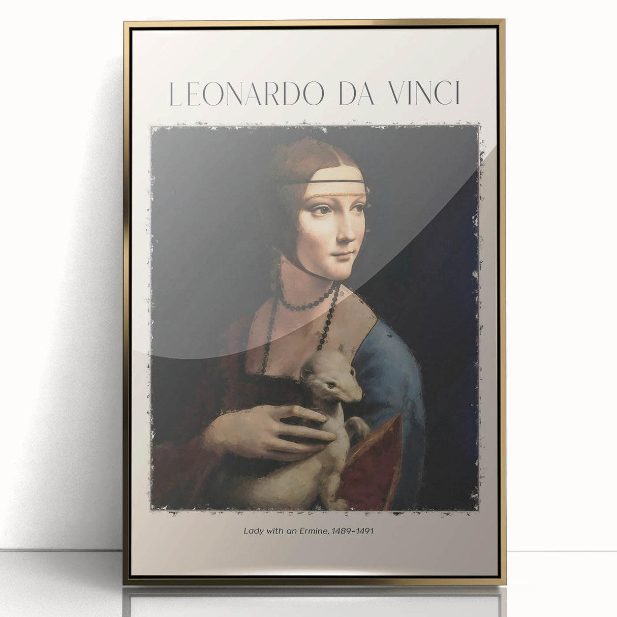 Mid-century modernist art depicting a Leonardo da Vinci-inspired design in gold and black tones, framed acrylic.