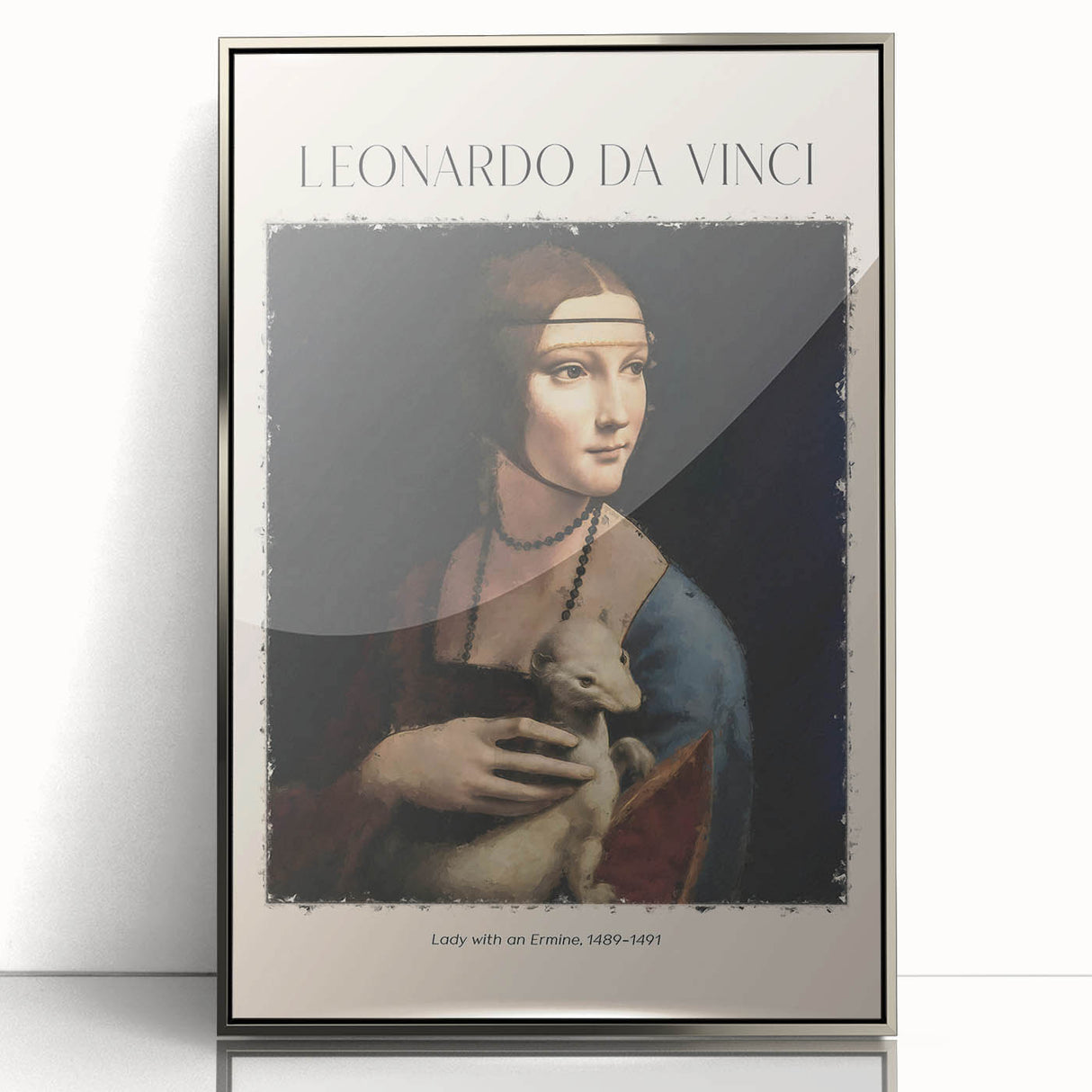 Art deco poster featuring a monochrome Leonardo da Vinci sketch, framed in silver acrylic, suitable for nursery wall art.