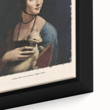 Close-up of a black framed canvas featuring a textured, colorful depiction of Leonardo da Vinci, ideal for living room decor.