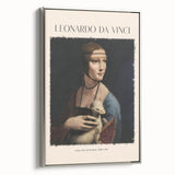 Vintage poster art of Leonardo da Vinci on a large framed canvas, featuring muted black and colorful accents.
