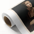 Art deco poster of Leonardo da Vinci on rolled canvas, featuring muted earth tones, ideal for nursery wall art.