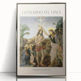 Art deco poster featuring a stylized Leonardo da Vinci portrait in silver frame.