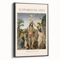 Black and white wall art featuring a vintage poster-style Leonardo da Vinci landscape, framed canvas.