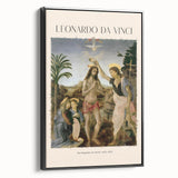 Black and white wall art featuring a vintage poster-style Leonardo da Vinci landscape, framed canvas.