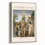 Framed vintage poster art of Leonardo da Vinci on canvas, featuring a black and colorful palette.