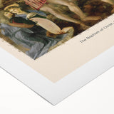 Art deco poster of Leonardo da Vinci on rolled canvas, featuring muted earth tones, suitable for dining room wall art.