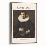 Vintage poster art of Rembrandt in muted gray and black, framed canvas, ideal for living room decor.