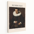 Side view of a stretched canvas featuring a Rembrandt-inspired portrait in earthy tones, suitable for kitchen wall art.