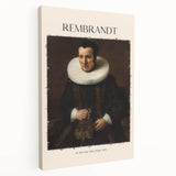 Side view of a stretched canvas featuring a Rembrandt-inspired portrait in earthy tones, suitable for kitchen wall art.