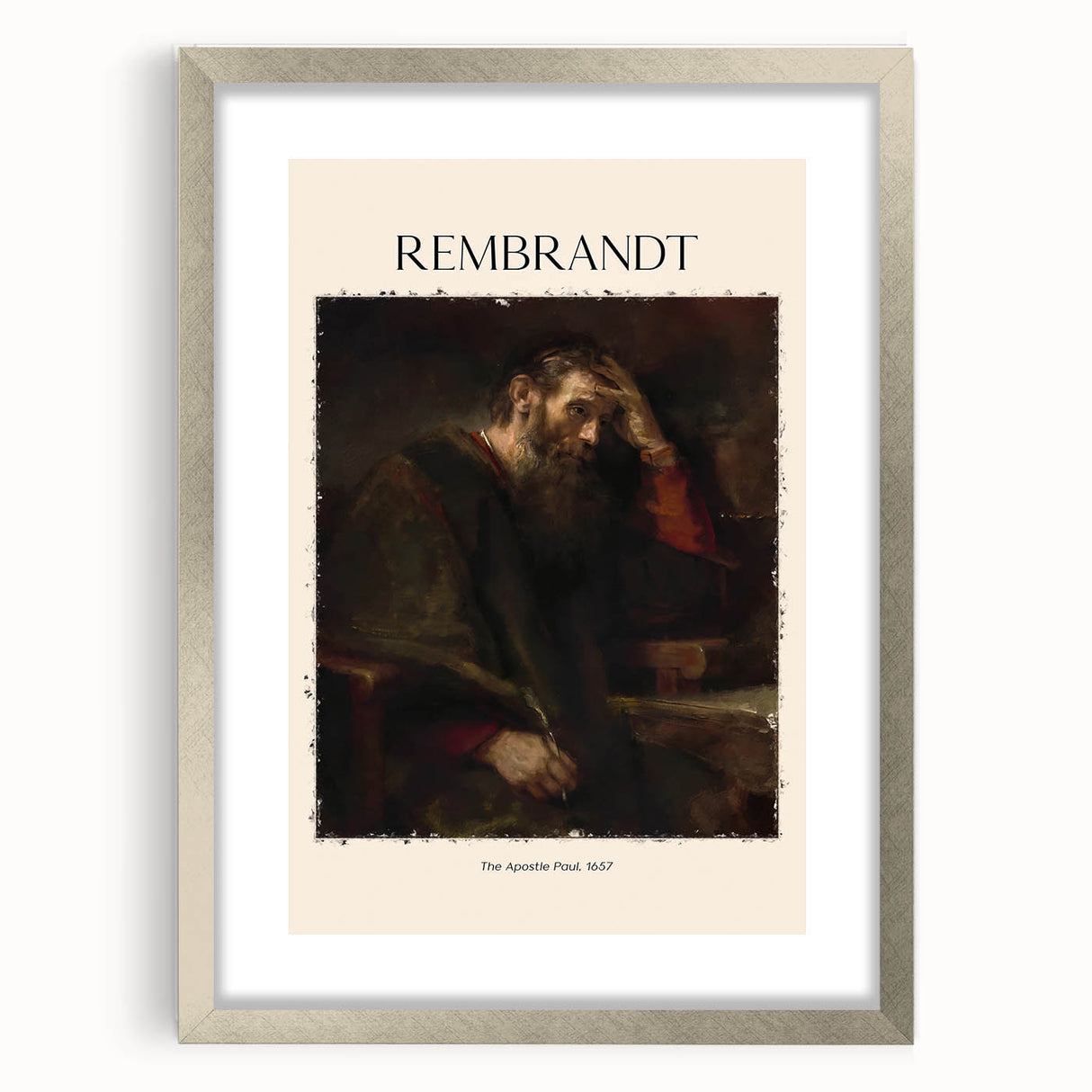 Abstract art print of Rembrandt-inspired design in muted earth tones on a framed canvas, suitable for dining room decor.