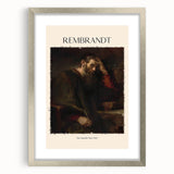 Abstract art print of Rembrandt-inspired design in muted earth tones on a framed canvas, suitable for dining room decor.