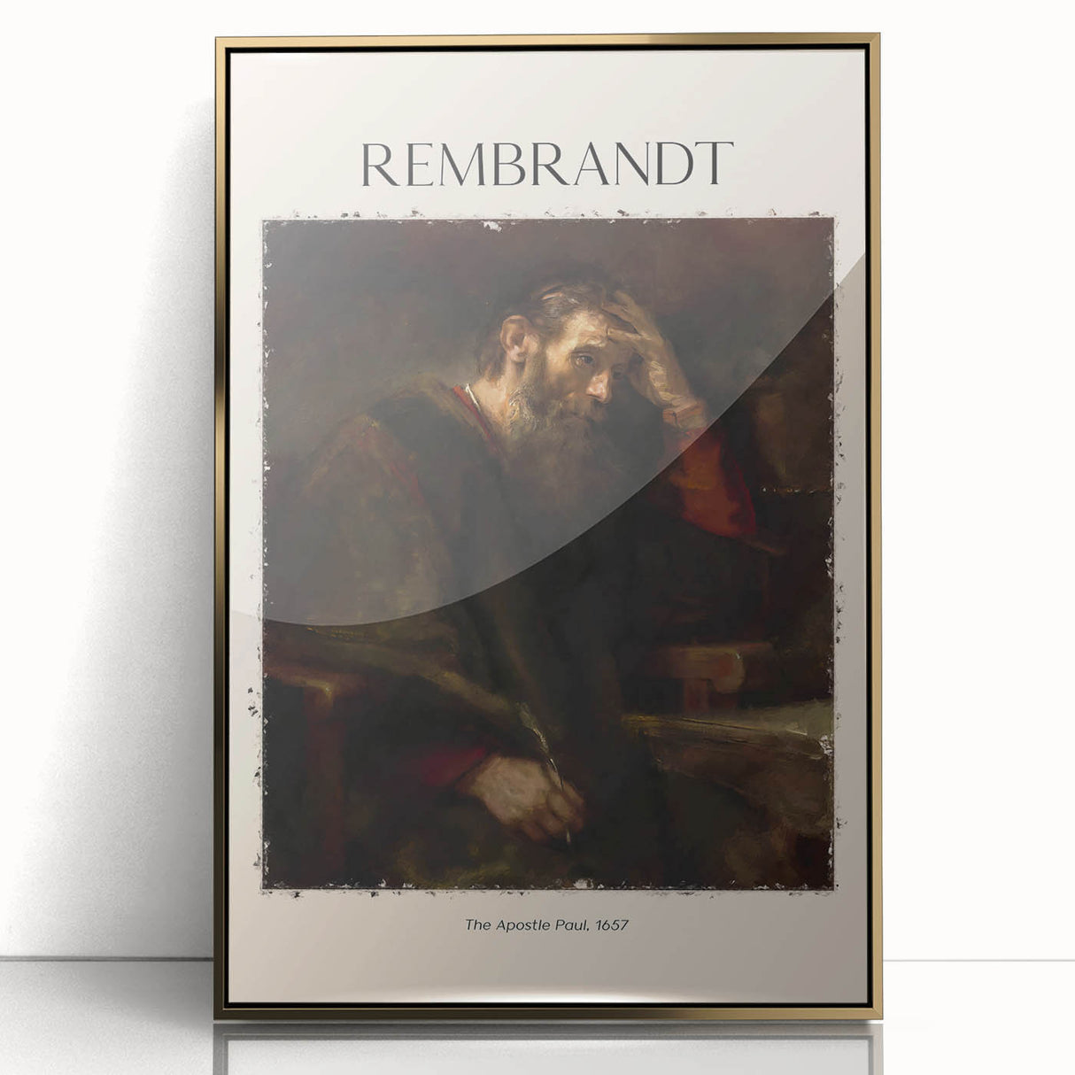 Mid-century modernist art featuring a gold-framed acrylic print of Rembrandt's design, ideal for nursery wall art.