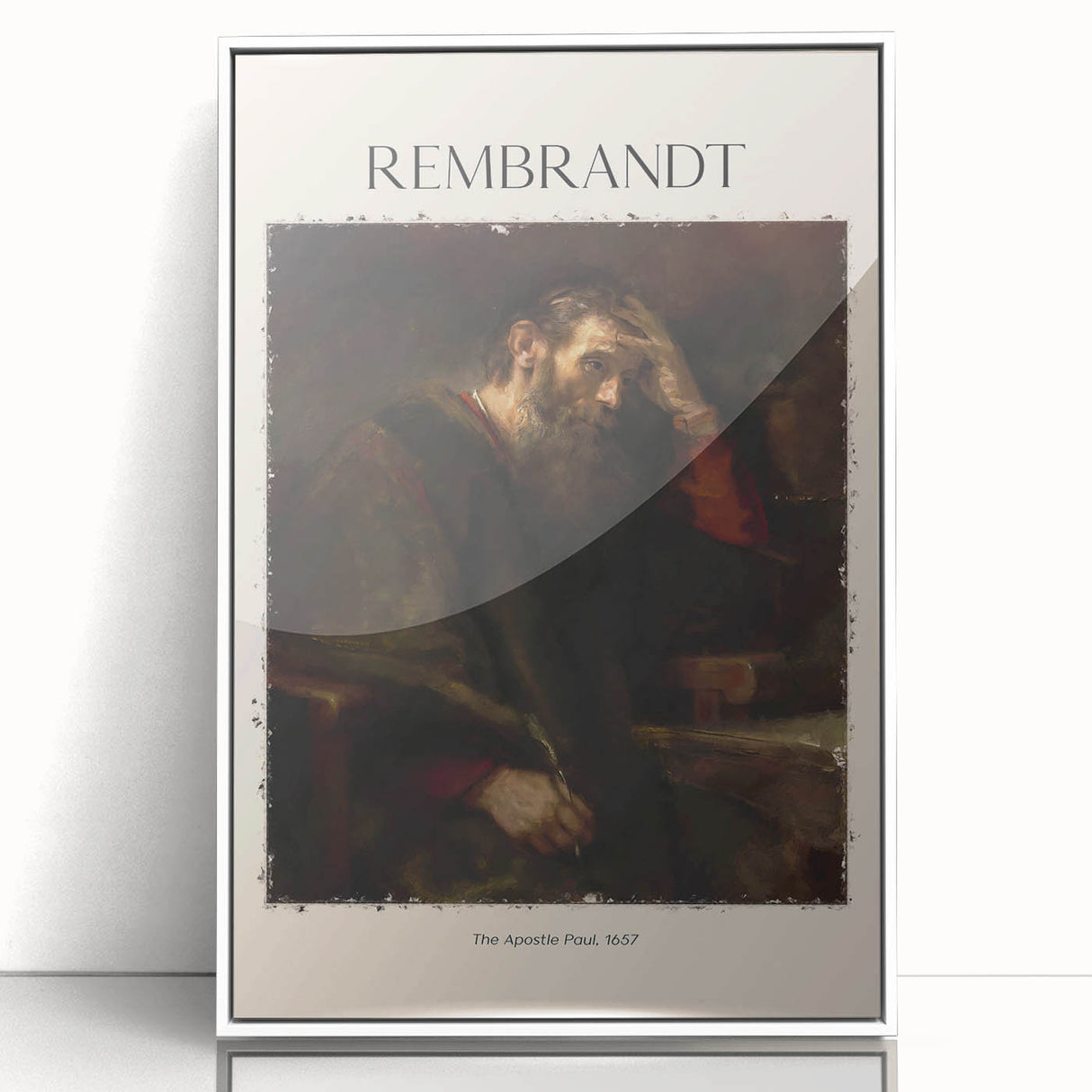 Mid-century modernist art depicting Rembrandt in muted browns and grays, framed acrylic, suitable for modern art wall decor.