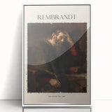 Mid-century modernist art depicting Rembrandt in muted browns and grays, framed acrylic, suitable for modern art wall decor.