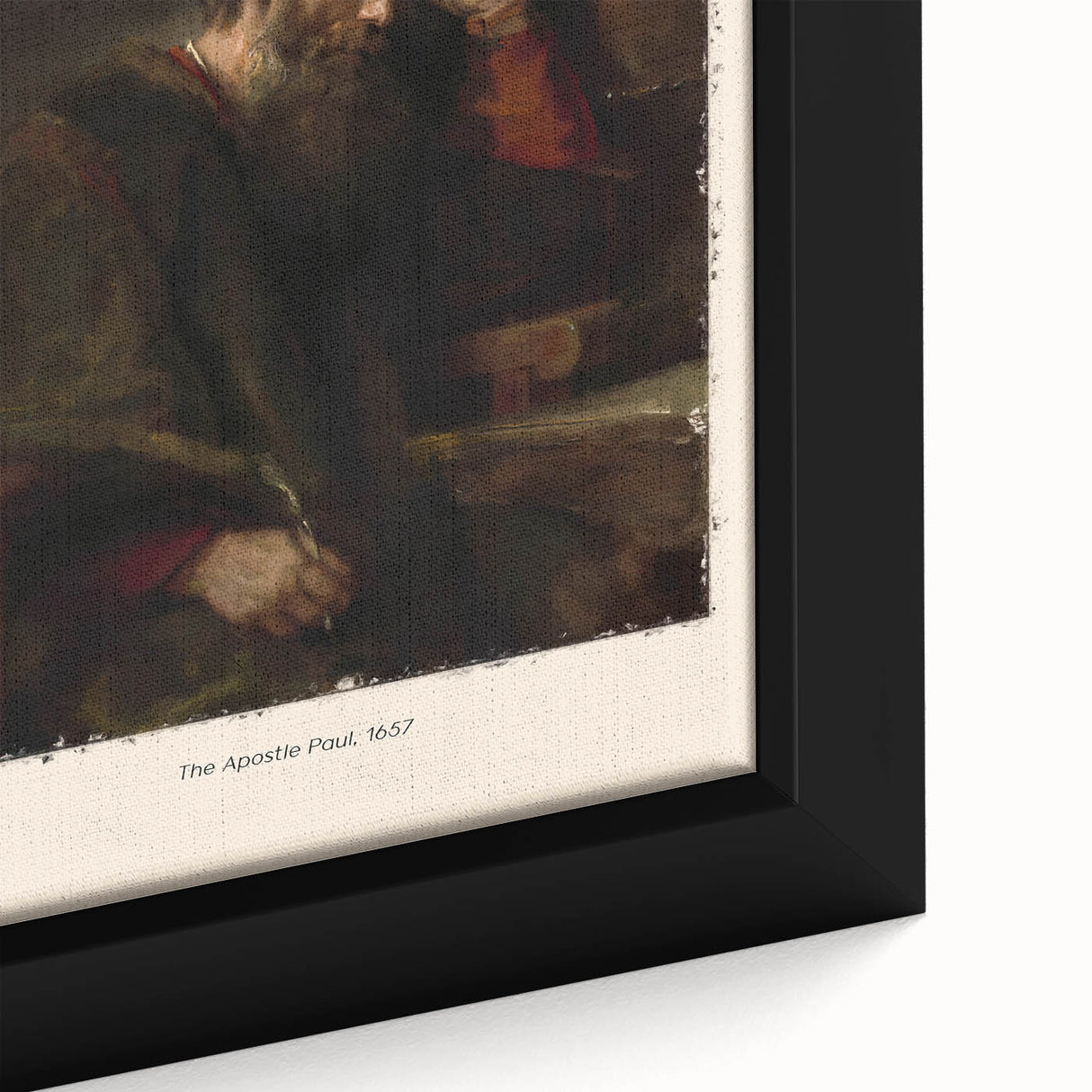 Black wall art featuring a textured close-up of a Rembrandt-inspired design in colorful hues.