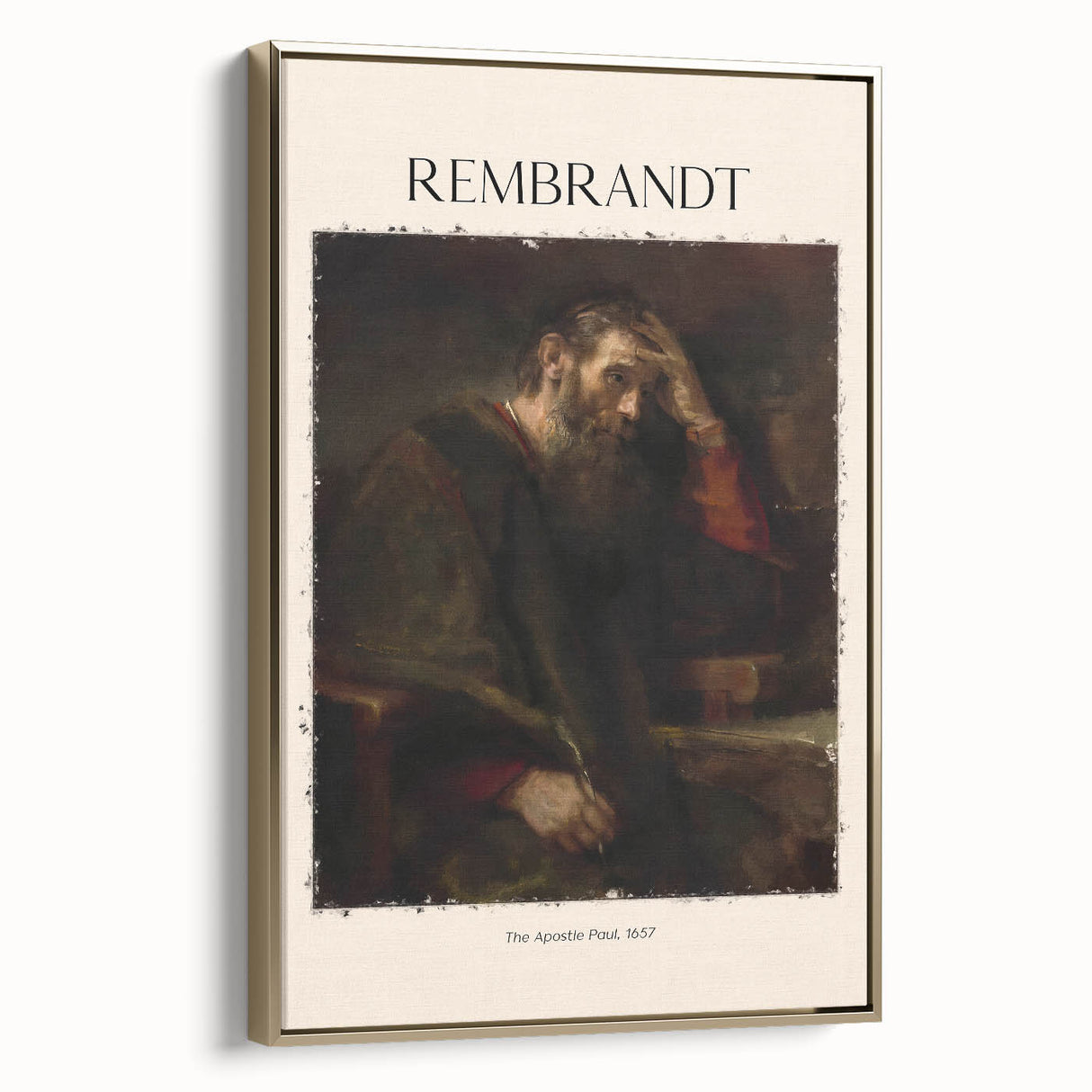 Framed canvas featuring a Rembrandt-inspired landscape art painting with muted earth tones.